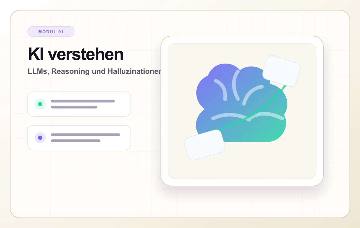 Helles Kursvisual zu KI-Grundlagen mit Brain- und Systemkarten.
