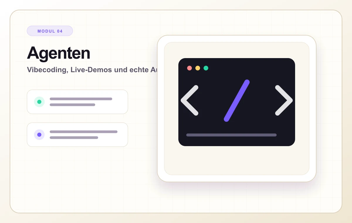Helles Kursvisual zur Agenten-Revolution mit Code- und Ausführungsfläche.