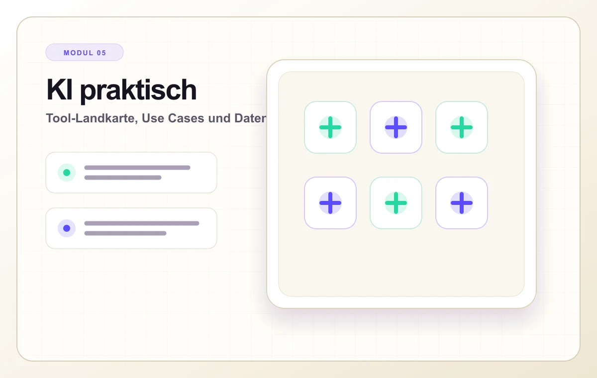 Helles Kursvisual zur Tool-Landkarte und praktischen KI-Anwendung.