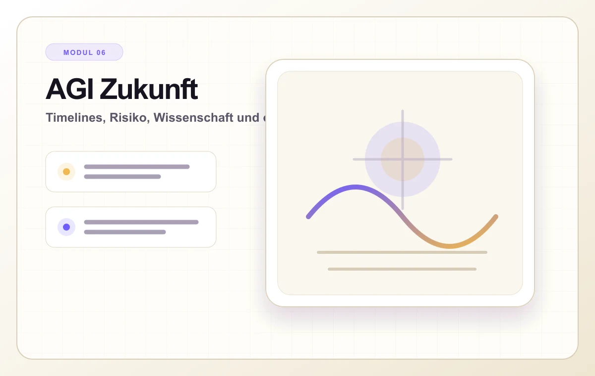 Helles Kursvisual zu AGI, Zukunft und offenen Fragen.
