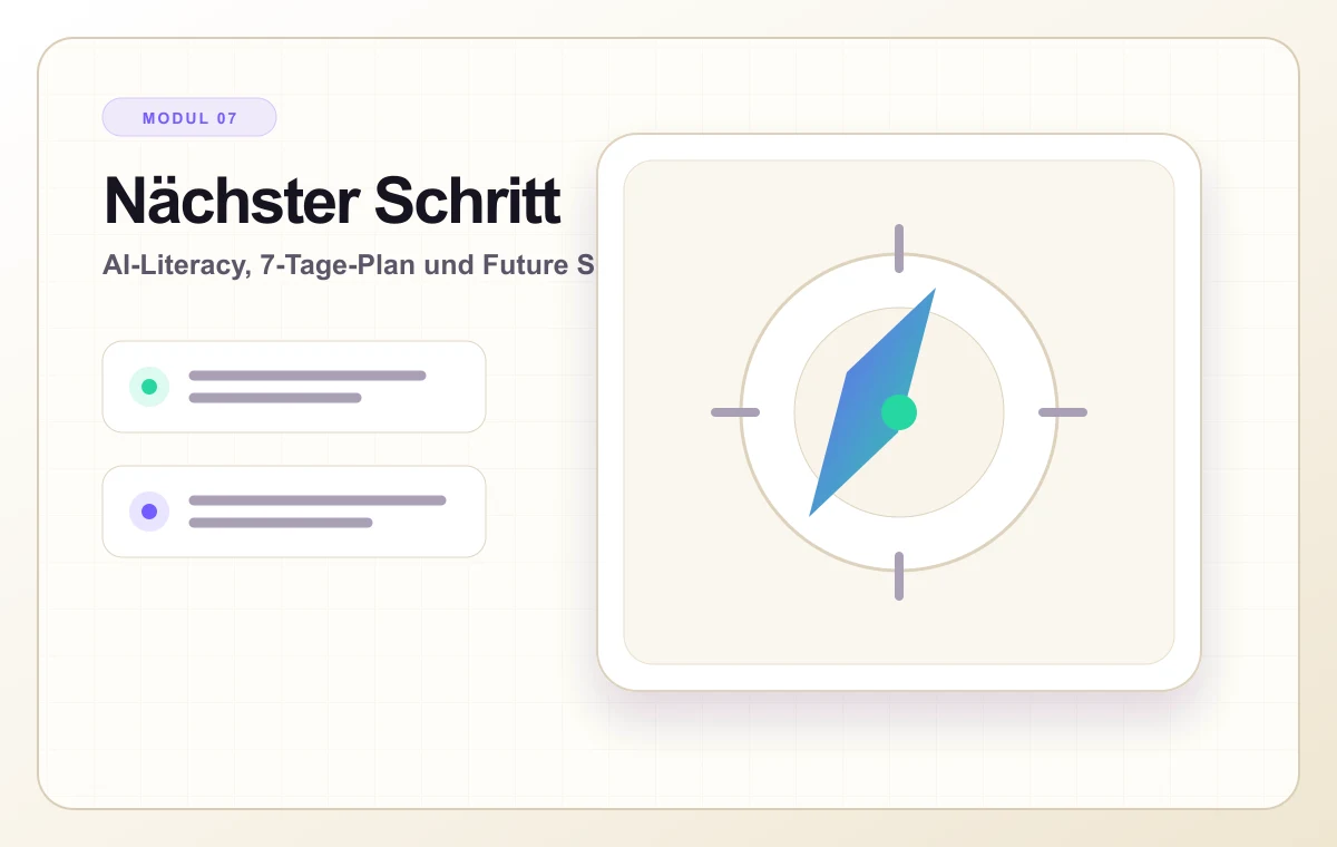 Helles Kursvisual zum nächsten Schritt mit Kompass und Startplan.